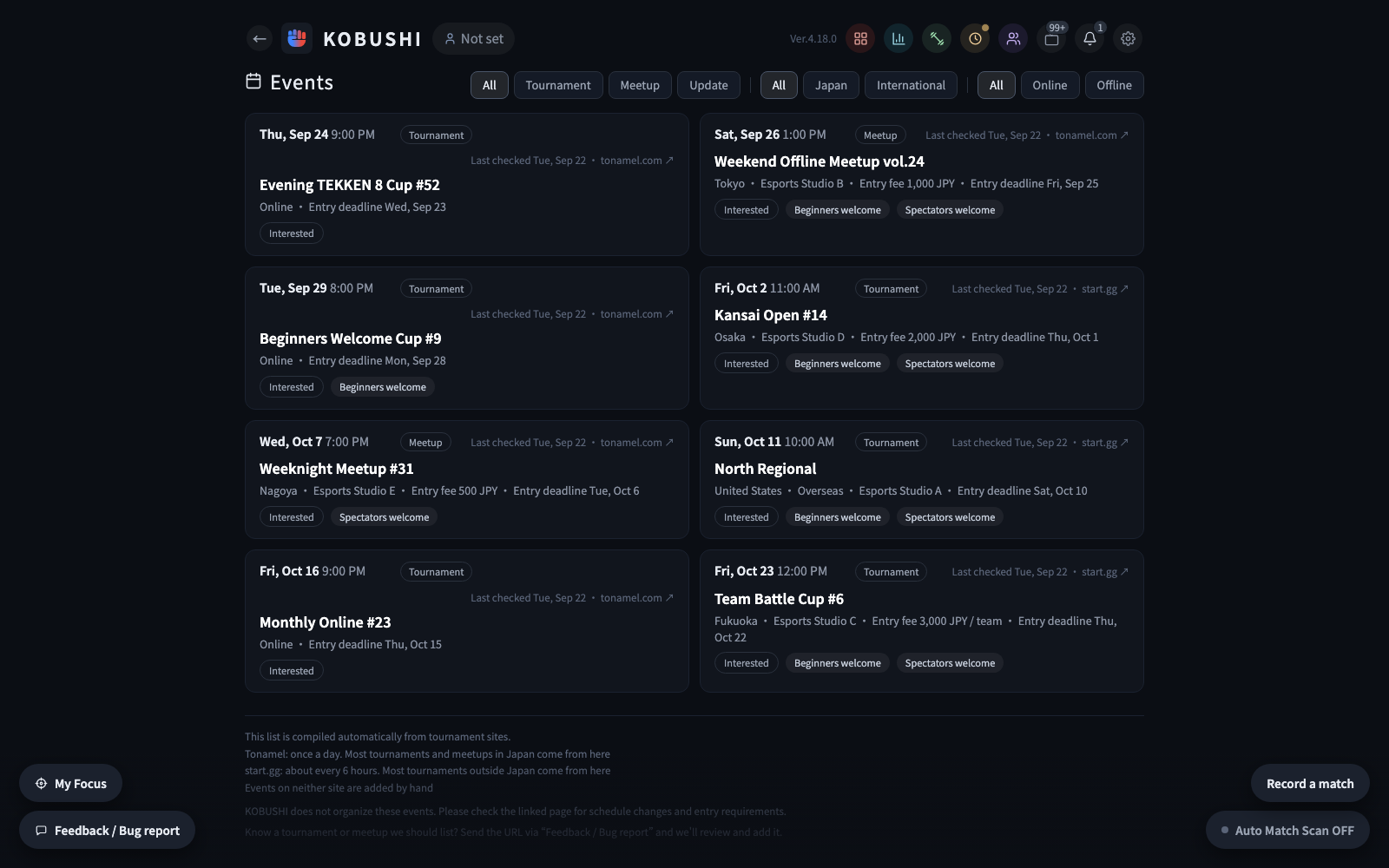 Events: tournaments and meetups in date order